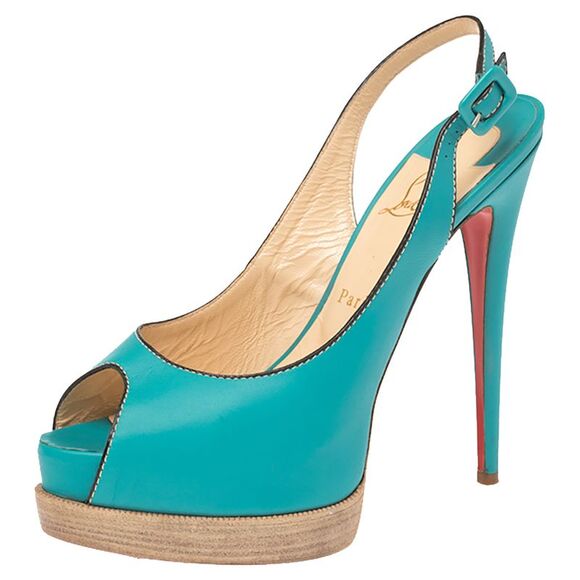 Christian Louboutin Shoes - Christian Louboutin Turqouise Leather Peep Toe Platform Slingback Sandals